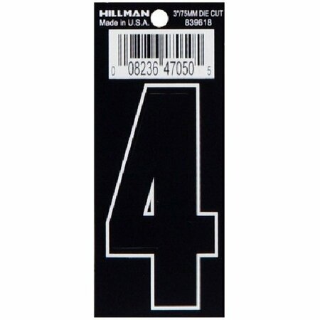 HILLMAN Die-Cut Number, Character: 4, 3 in H Character, Black/White Character, Black Background, Vinyl 839618
